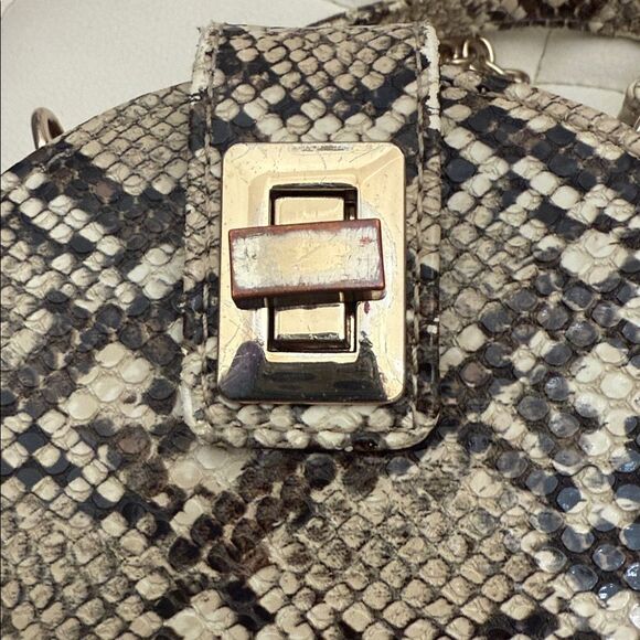 Zara Snakeskin Round Crossbody Bag Gold Chain & Handle Brown Beige Black Lined - Picture 16 of 17